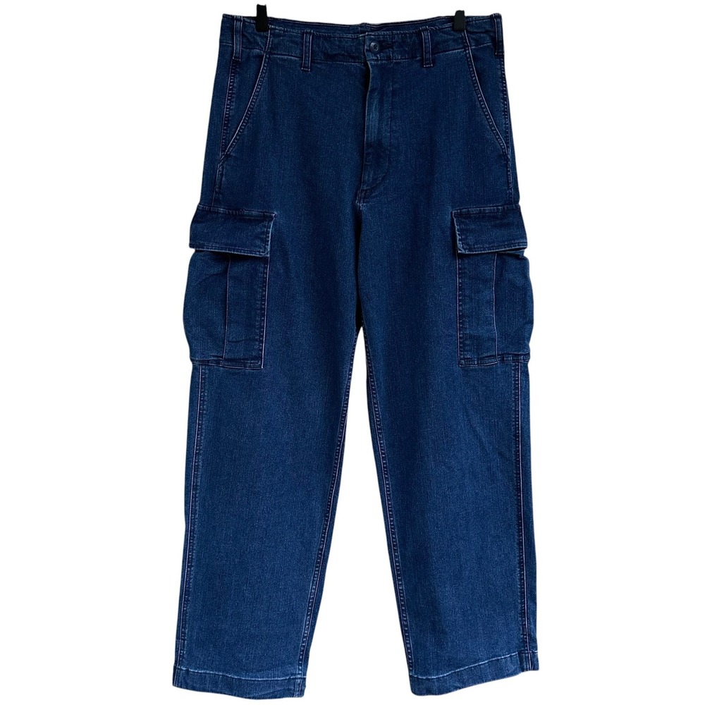 Uniqlo Mens Denim Cargo Pants Dark Wash Blue Utility Adjustable Hem Size Small